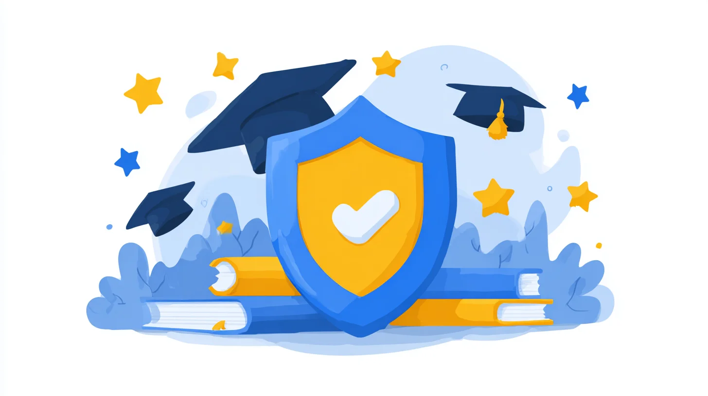 Ilustração de escudo de verificação com chapéus de formatura e estrelas representando confiabilidade educacional