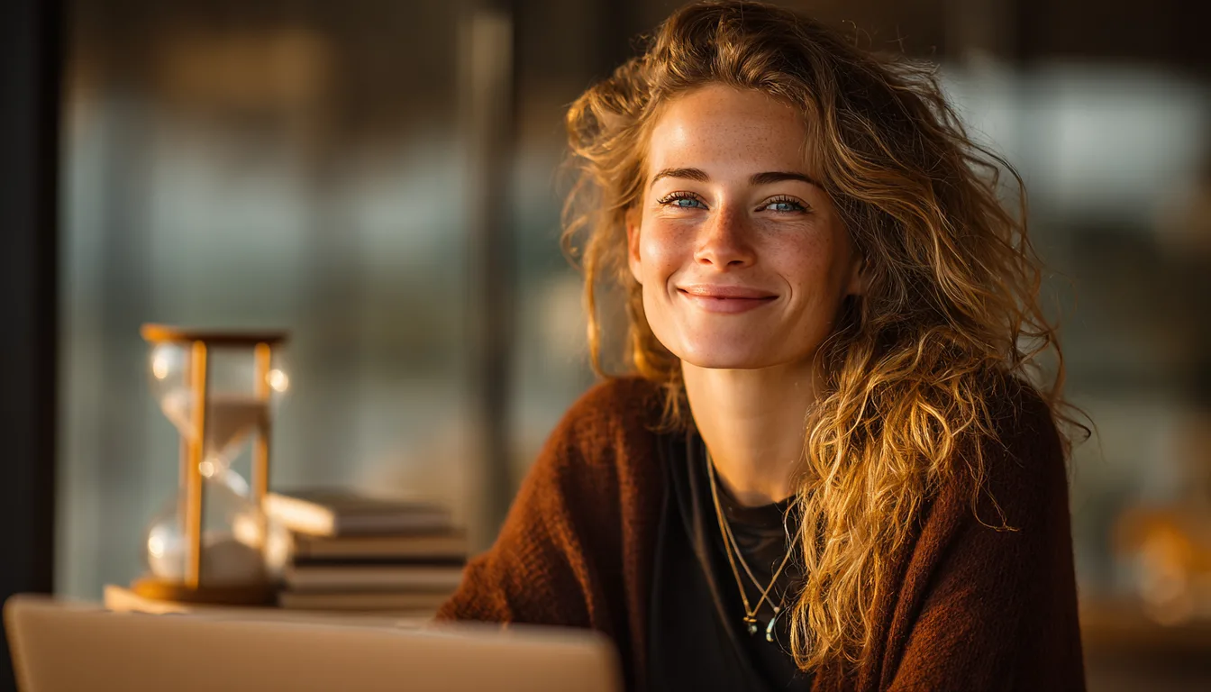 Profissional sorridente estudando em uma mesa com laptop, livros e uma ampulheta, simbolizando a especialização em pós-graduação e o tempo de duração do curso